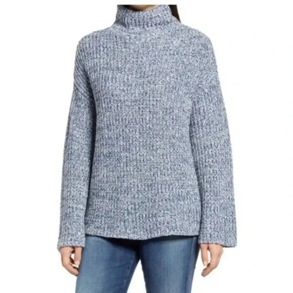 Caslon Blue & White Knit Shaker Mock Neck Pullover Sweater S - Picture 1 of 3